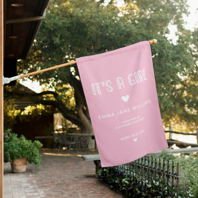It's a Girl! Cute Typography Pink House Flag (In SItu)