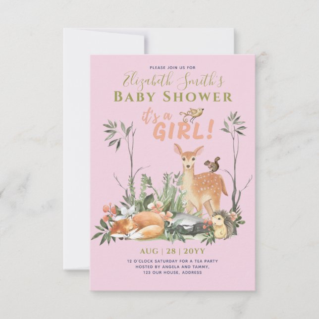 Its a GIRL! Cute Woodland Baby Animals Shower Inv. (Front)