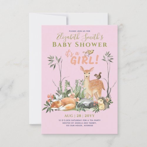 Its a GIRL Cute Woodland Baby Animals Shower Inv