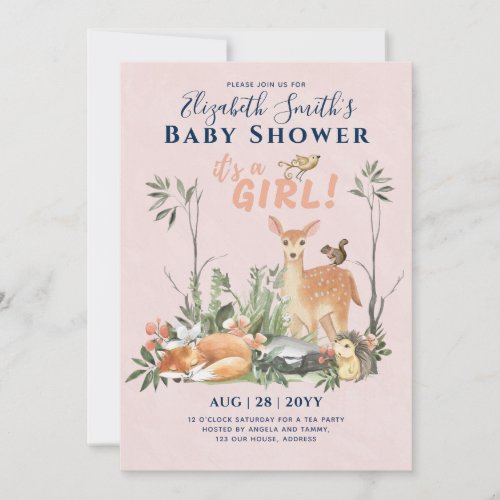 Its a GIRL Cute Woodland Baby Animals Shower Inv Invitation