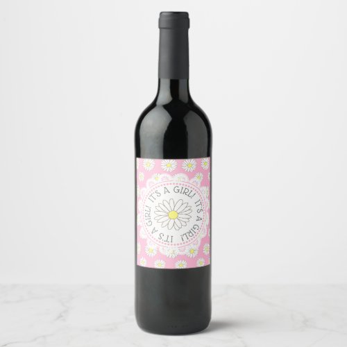 ITS A GIRL Daisy Baby Shower Wine Bottle Label