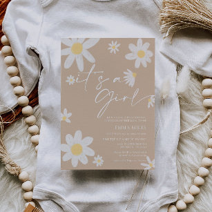 It's a Girl Daisy Beige Baby Shower Invitation 