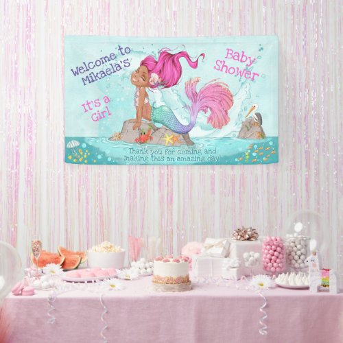 Its a Girl Dark Skin Pink Mermaid Baby Shower Banner