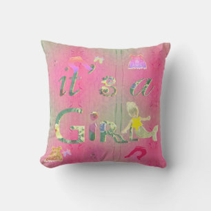 "It's a Girl" Delightful Pink Illustration Throw Pillow