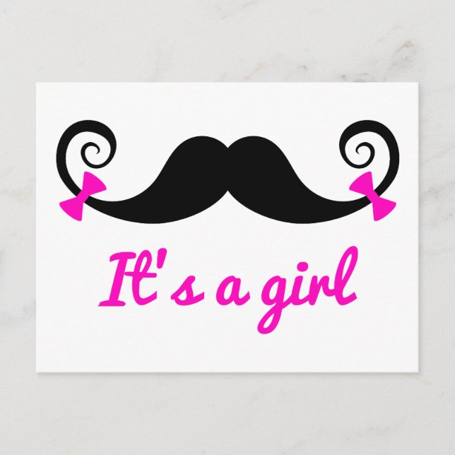 it's a girl design, curly mustache with pink bows announcement postcard (Front)