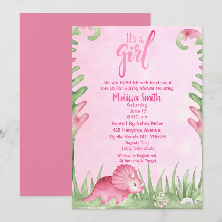 It's a Girl Dino Baby Shower Invitation Zazzle