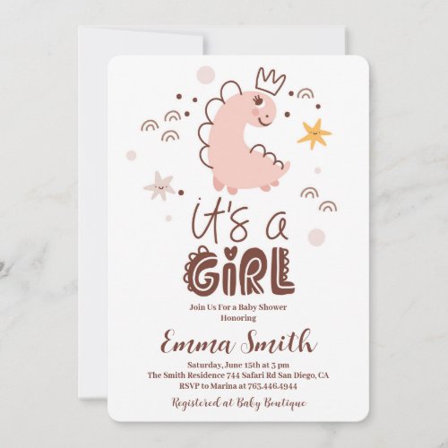 Its a Girl Dinosaur Baby Shower Invitation