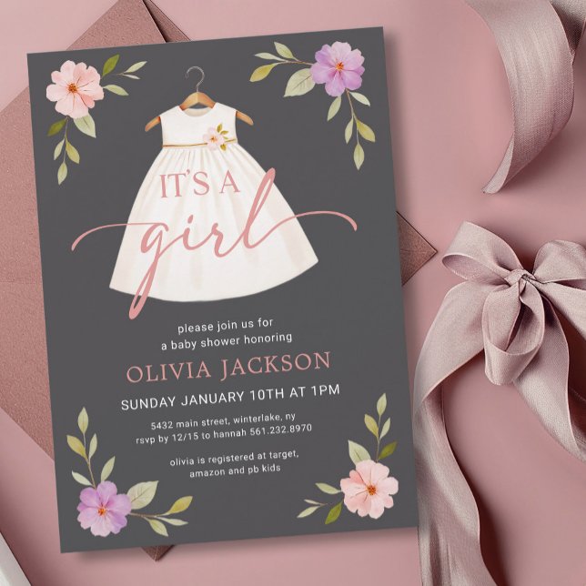 It's A Girl Dress Grey Baby Shower Invitation (Creator Uploaded)