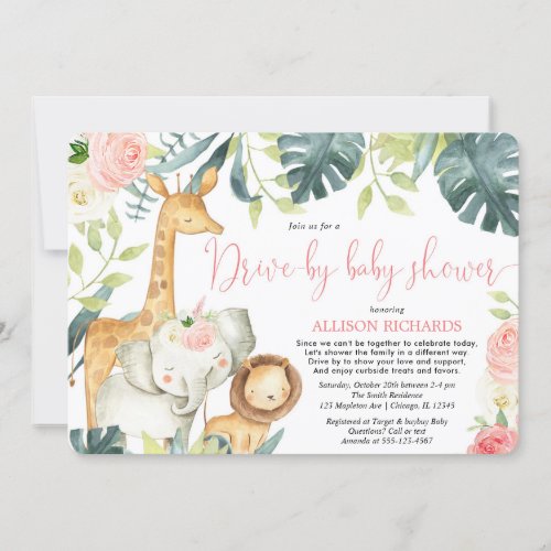 Its a Girl Drive_by baby shower safari animals Invitation