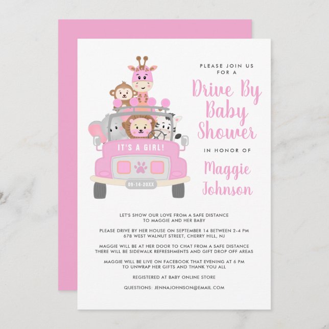 It's a Girl Drive By Safari Pink Baby Shower Invitation (Front/Back)