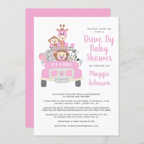 Its a Girl Drive By Safari Pink Baby Shower Invitation