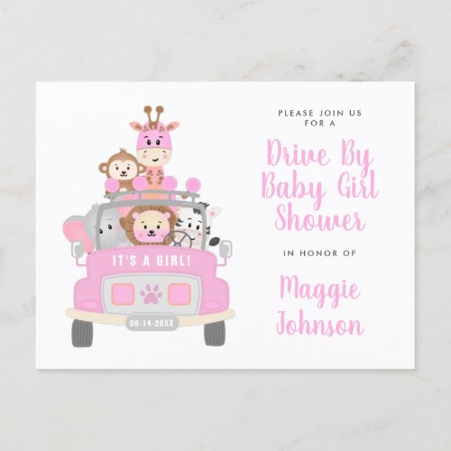 Its a Girl Drive By Safari Pink Baby Shower Invitation Postcard