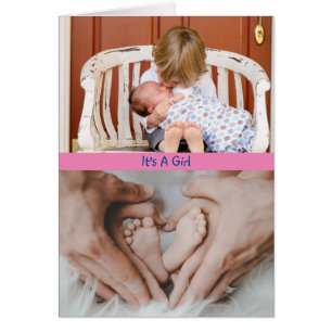 It's A Girl Dual Photo Custom Text Birth Announce Cards