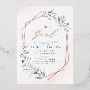 It's a Girl Dusty Greenery Rose Gold Baby Shower Foil Invitation