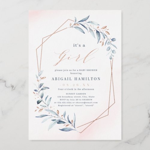 Its a Girl Dusty Greenery Rose Gold Baby Shower Foil Invitation