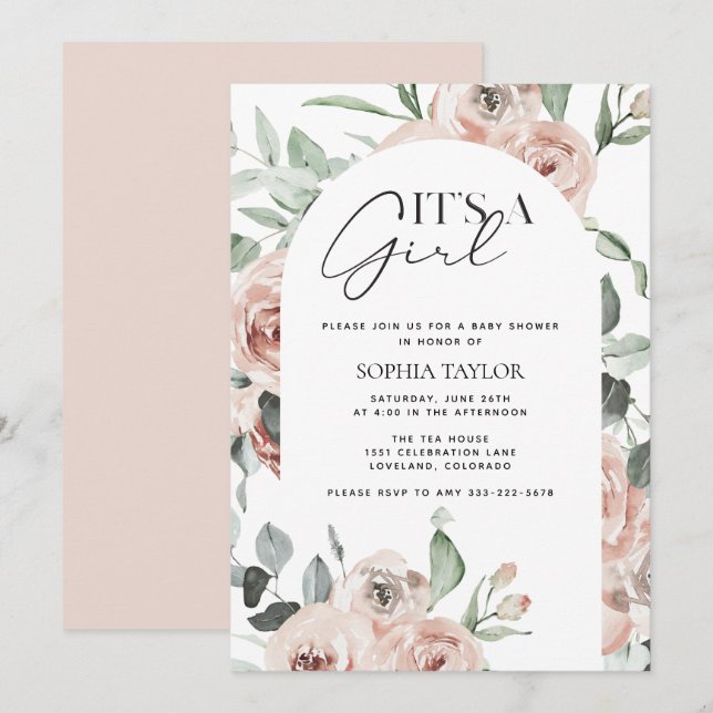 It's a Girl Dusty Pink Floral Girl Baby Shower Invitation (Front/Back)