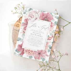 It's A Girl Dusty Rose Floral Cute Baby Shower Invitation