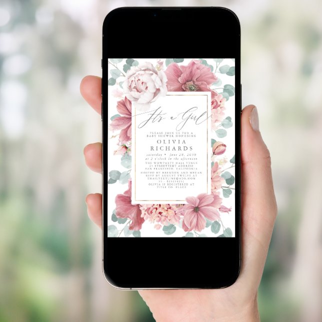 It's A Girl Dusty Rose Floral Cute Baby Shower Invitation (Front Digital)