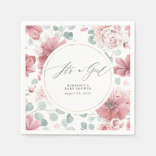 Its A Girl Dusty Rose Floral Cute Baby Shower Napkins