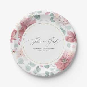It's A Girl Dusty Rose Floral Elegant Baby Shower Paper Plates
