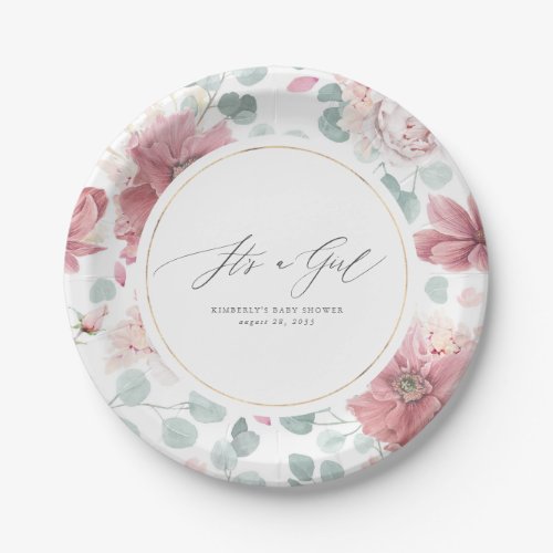 Its A Girl Dusty Rose Floral Elegant Baby Shower Paper Plates