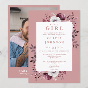 Its A Girl Dusty Rose Floral Photo Baby Shower Invitation