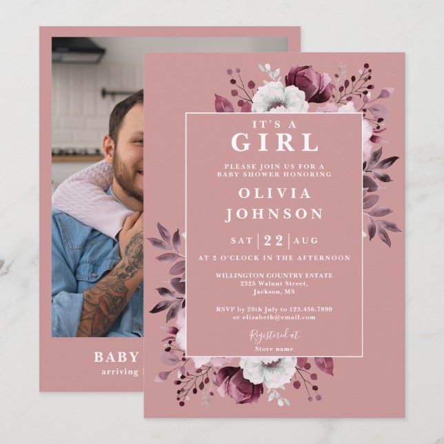Its A Girl Dusty Rose Floral Photo Baby Shower Invitation (Front/Back)