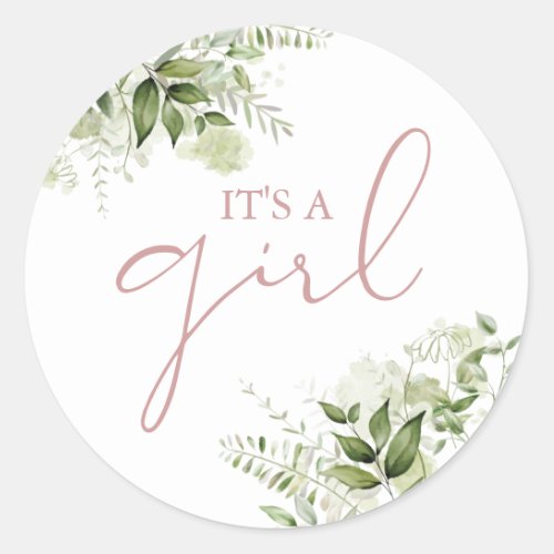 Its A Girl Dusty Rose Greenery Baby Shower Favor Classic Round Sticker
