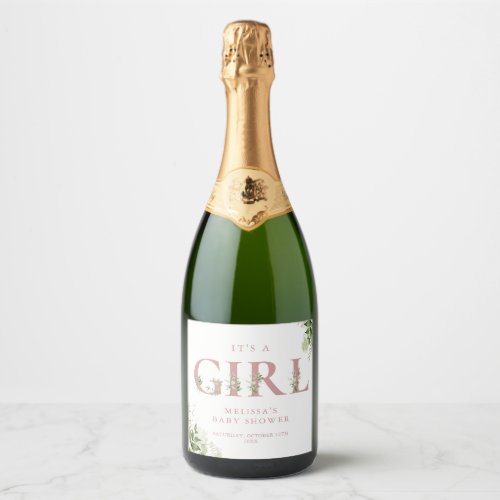 Its A Girl Dusty Rose Greenery Letter Baby Shower Sparkling Wine Label