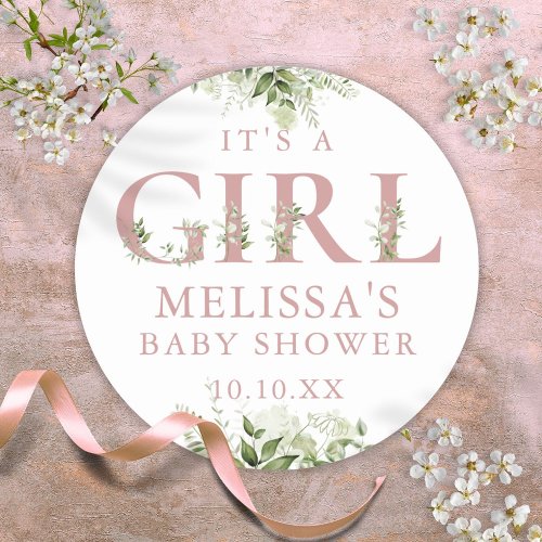 Its A Girl Dusty Rose Pink Greenery Baby Shower Classic Round Sticker