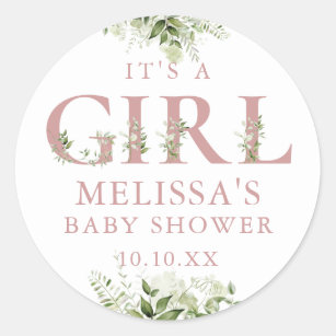 Its A Girl Dusty Rose Pink Greenery Baby Shower Classic Round Sticker