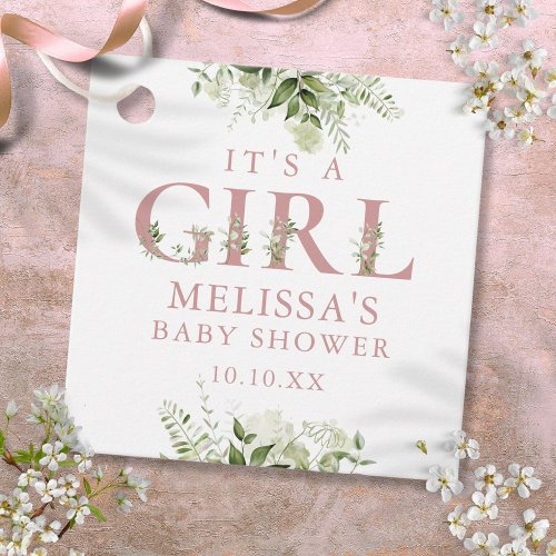 Its A Girl Dusty Rose Pink Greenery Baby Shower Favor Tags