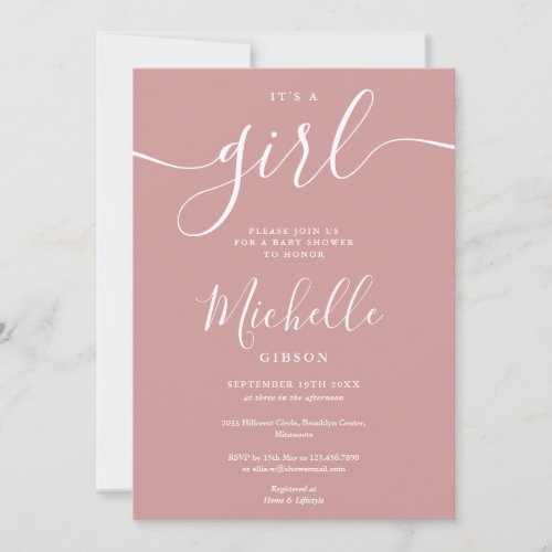 Its A Girl Elegant Dusty Rose Pink Baby Shower Invitation