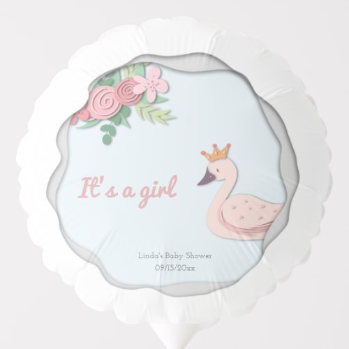 Its a Girl Elegant Floral Pink Swan with Crown Balloon