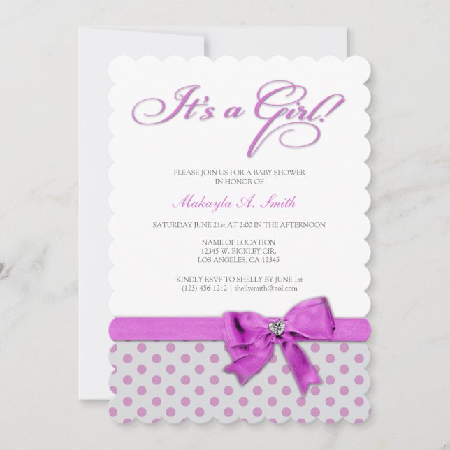 It's a Girl! Elegant Pink and Gray Polka-Dots Invitation (Front)