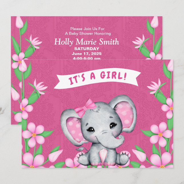 It's a Girl Elephant Baby Shower Invitation (Front/Back)