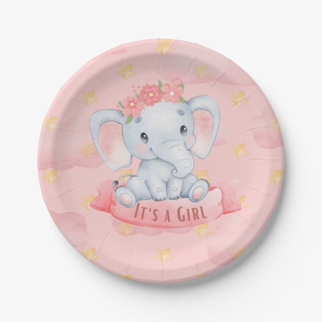 its a girl elephant baby shower party paper plates (Front)