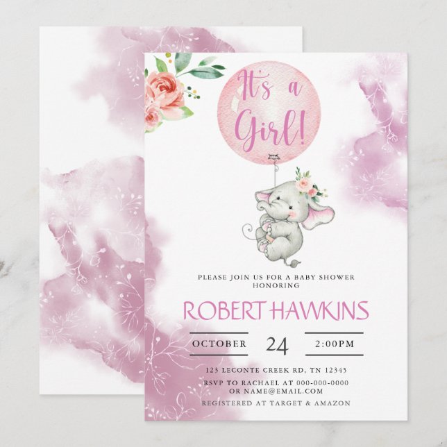It's a Girl, Elephant Balloon Baby Shower Invitati Invitation (Front/Back)