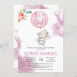 It's a Girl, Elephant Balloon Baby Shower Invitati Invitation