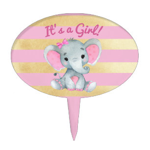 It's a Girl Elephant Cake Topper Pink Gold Modern 