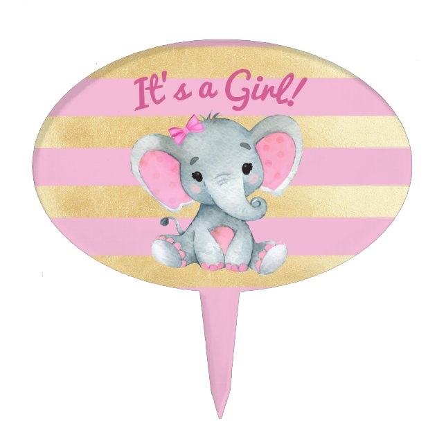 It's a Girl Elephant Cake Topper Pink Gold Modern  (Front)
