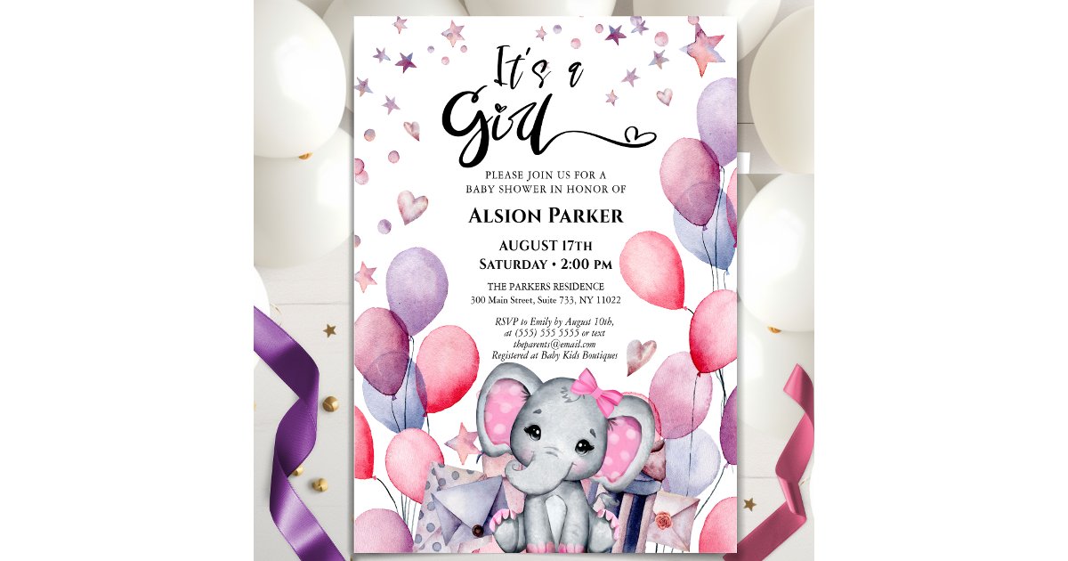 It's a Girl Elephant Pink Balloons Baby Shower Invitation | Zazzle