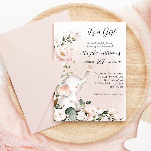 Its a Girl Elephant Pink Flower Baby Shower Invitation
