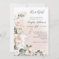 It's a Girl Elephant Pink Flower Baby Shower Invitation