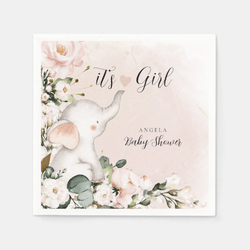 Its a Girl Elephant Pink Flower Baby Shower Napkins