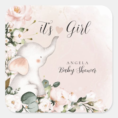 Its a Girl Elephant Pink Flower Baby Shower  Square Sticker
