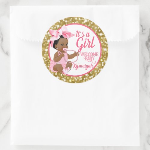 Its a Girl Ethnic Pink and Gold Glitter Elegant Classic Round Sticker