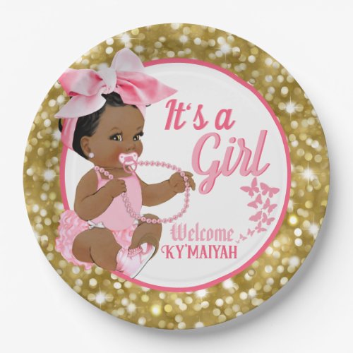 Its a Girl Ethnic Pink and Gold Glitter Elegant Paper Plates