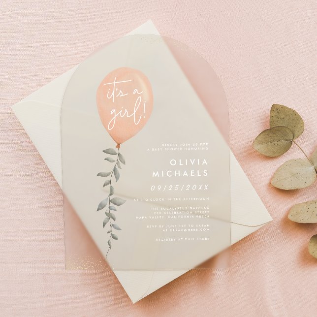 Its A Girl Eucalyptus Greenery Balloon Baby Shower Acrylic Invitations (Card Mock-up)