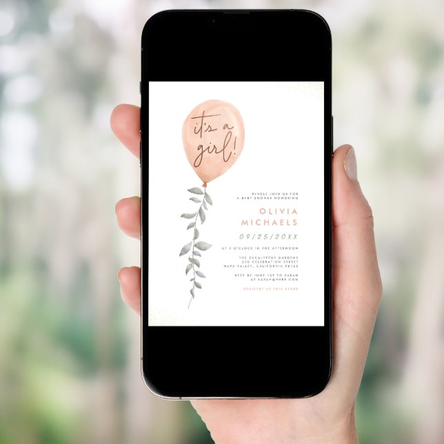 Its A Girl Eucalyptus Greenery Balloon Baby Shower Invitation (Front Digital)